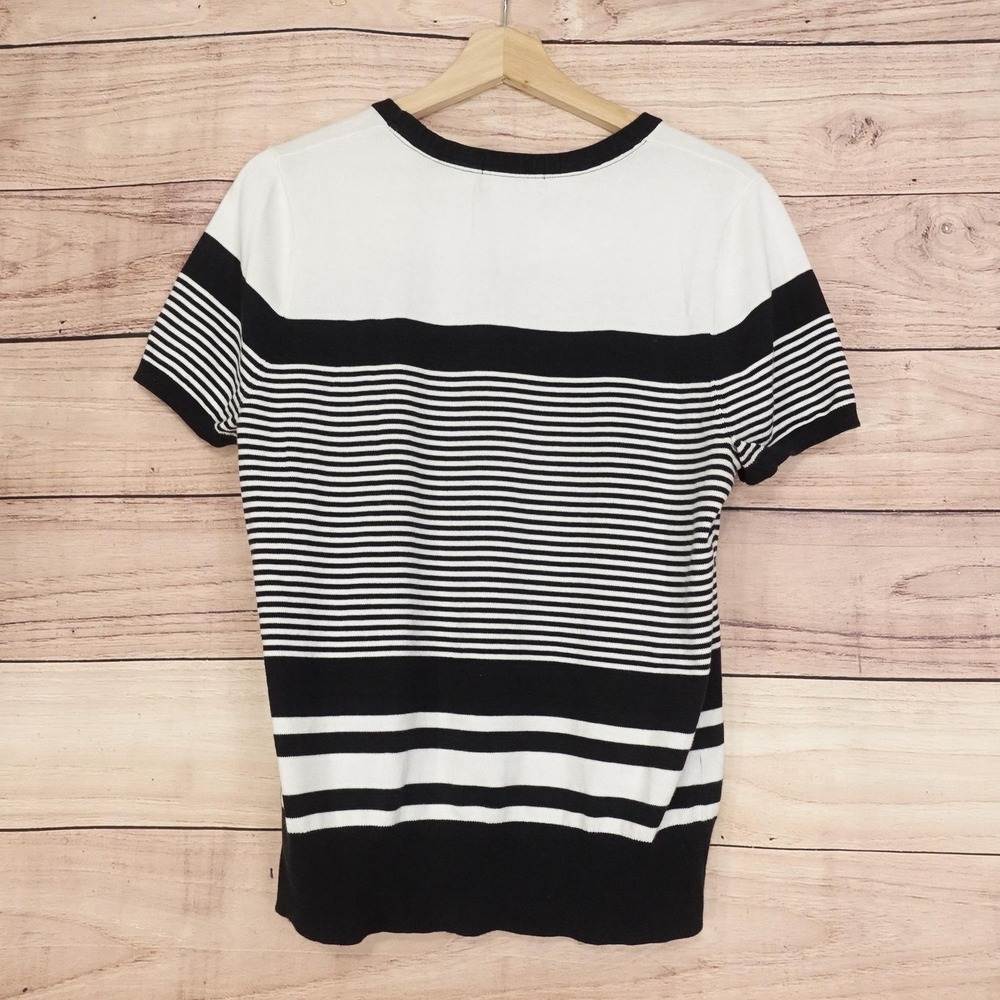 Lands' End T-Shirt Womens L Black White Striped Crew Neck Short Sleeve Knit Top - Picture 3 of 7
